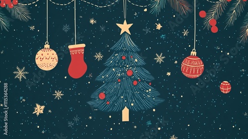 Celebrate the holidays with elegant Christmas and New Year greeting cards. These sophisticated icons feature a Christmas tree, ball, and mittens in a modern abstract style