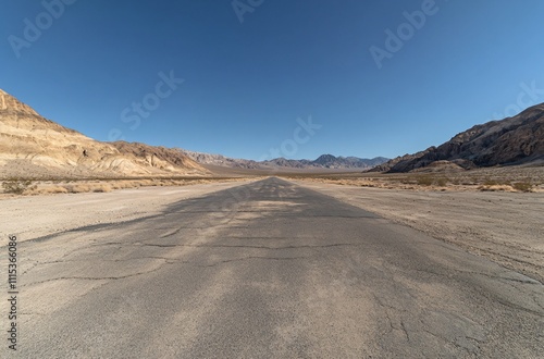 Endless desert highway stretching through arid landscapes, perfect for car advertisement background. Open road adventure in golden dunes.