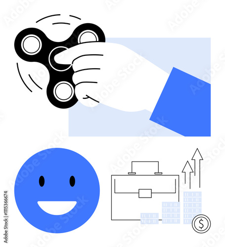 Hand spinning fidget spinner, blue happy face, and business growth chart with arrows and briefcase. Ideal for stress relief, happiness, business growth, productivity, mental health, office life