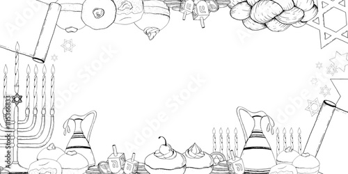 Horizontal Jewish Hanukkah holiday symbols template. Black and white vector rectangular frame with menorah, dreidels, donuts, jug of olive oil, coins and candles. Israel winter celebration banner