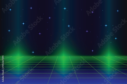Pixel art background.8 bit game. Retro Futurism Sci-Fi Background. glowing green neon grid. and stars from vintage arcade comp
