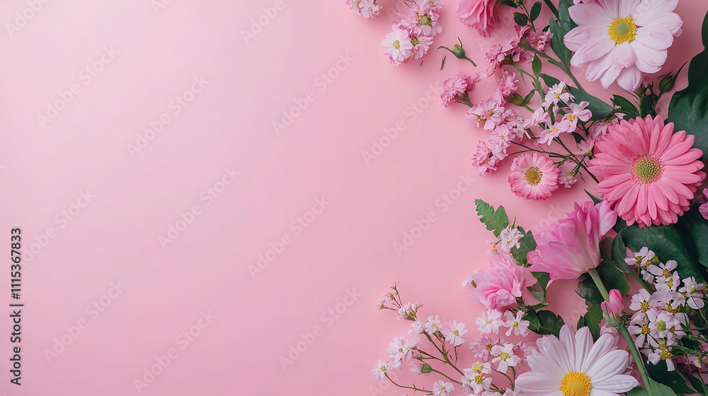 Naklejka premium beautiful composition greeting card design of flowers on pastel pink background top view