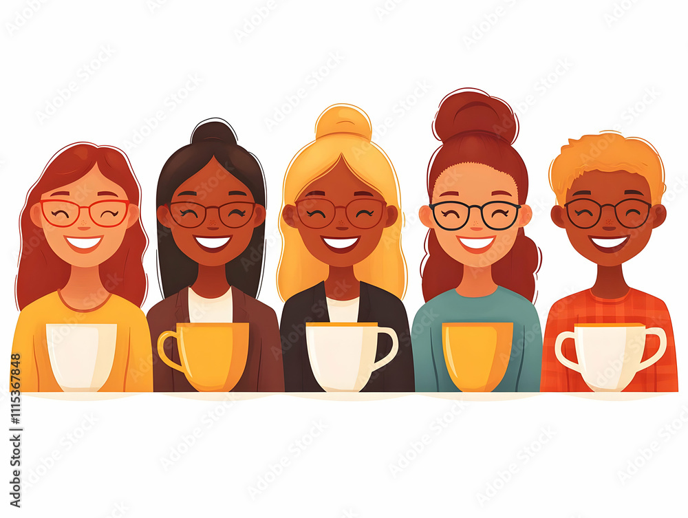 Diverse Team Virtual Coffee Chat Flat Vector Illustration with Copy Space Diverse Team Virtual Coffee Chat Flat Vector Illustration with Copy Space