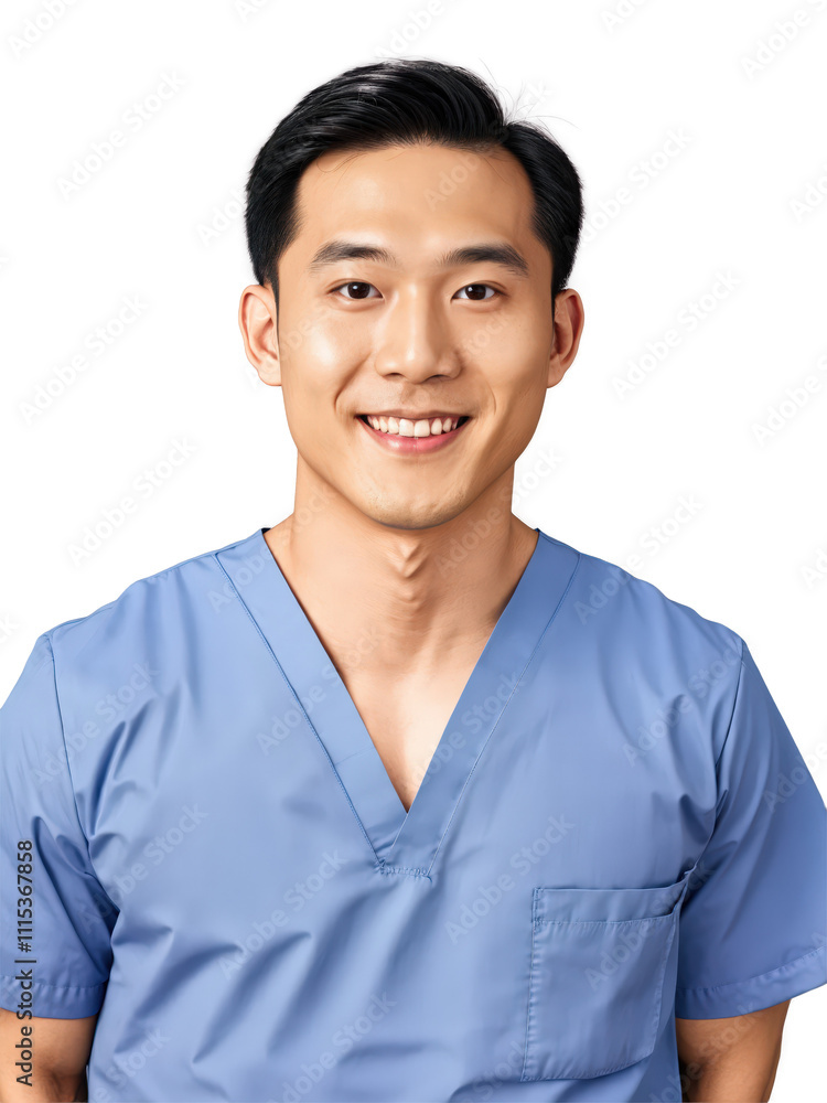Asian man aged 20-30 years old, wearing medical uniform, looking happy without glasses, with long hair and gray hair. Asian man aged 20-30 years old, wearing medical uniform, looking happy without glasses, with long hair and gray hair.