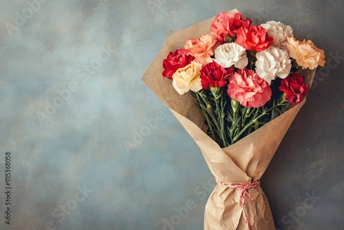 Beautiful Bouquet of Carnations in Soft Wrap on Blue Background