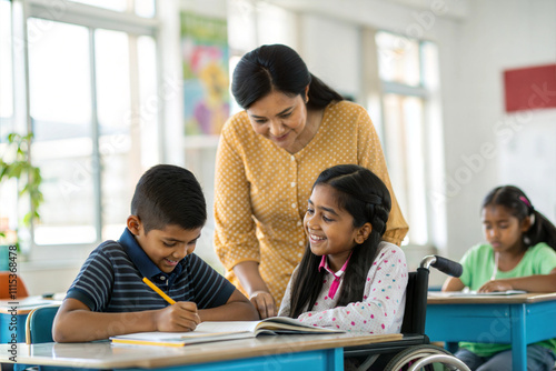 A asian Indian teacher working in an inclusive classroom setting, Diversity elementary school, Inclusive Learning Environment with Happy Students
