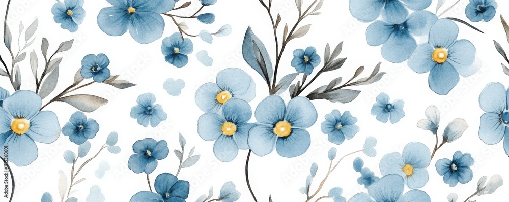 Elegant Seamless Pattern Featuring Tiny Blue Blooms and Delicate Greenery on a Clean White Background Elegant Seamless Pattern Featuring Tiny Blue Blooms and Delicate Greenery on a Clean White Background