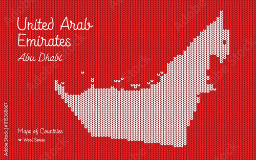 The map of United Arab Emirates with the capital Abu Dhabi is depicted in a knitted pattern. Woolen ornament	