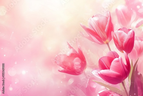 Pink background with tulips, creating an elegant and romantic atmosphere for Valentine's Day, Easter, Birthday, Happy Women's Day, Mother's Day. Flat lay, top view