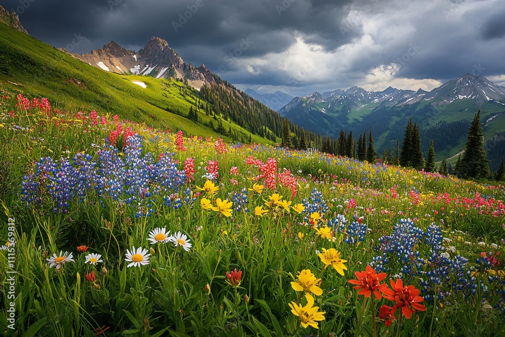 Obraz premium Vibrant Wildflower Meadow Against Dramatic Mountain Landscape
