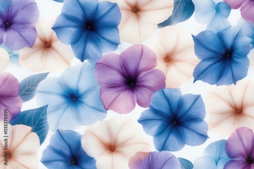 Naklejka premium Delicate Seamless Pattern of Morning Glories in Soft Pastel Colors for Elegant Design Projects