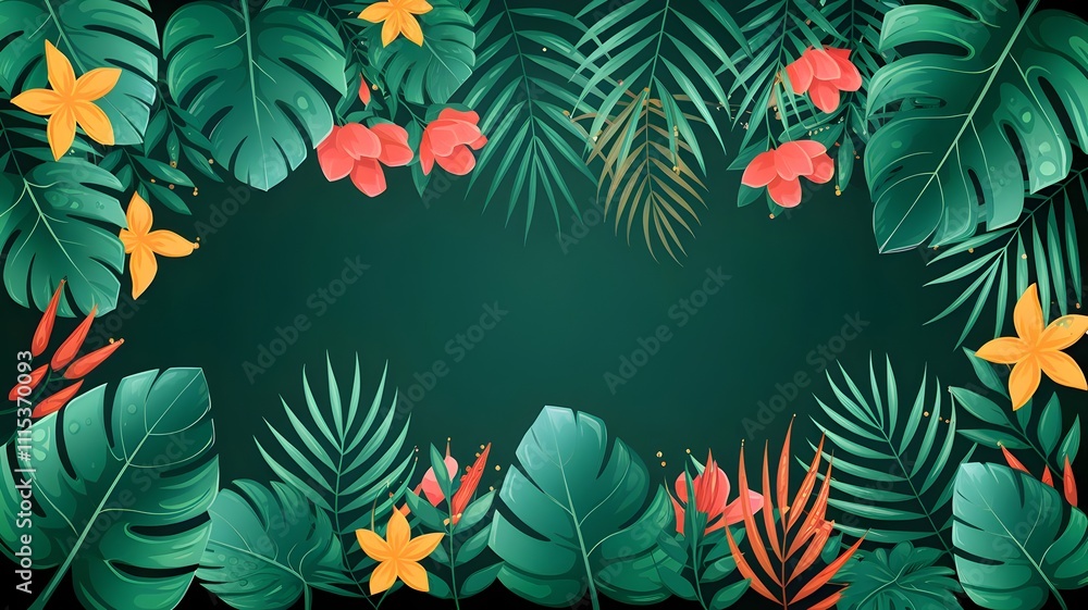 Fototapeta premium Dewy Leaves and Vibrant Flowers on Emerald Background