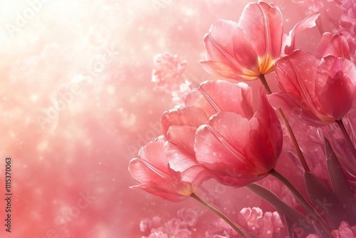 Pink background with tulips, creating an elegant and romantic atmosphere for Valentine's Day, Easter, Birthday, Happy Women's Day, Mother's Day. Flat lay, top view