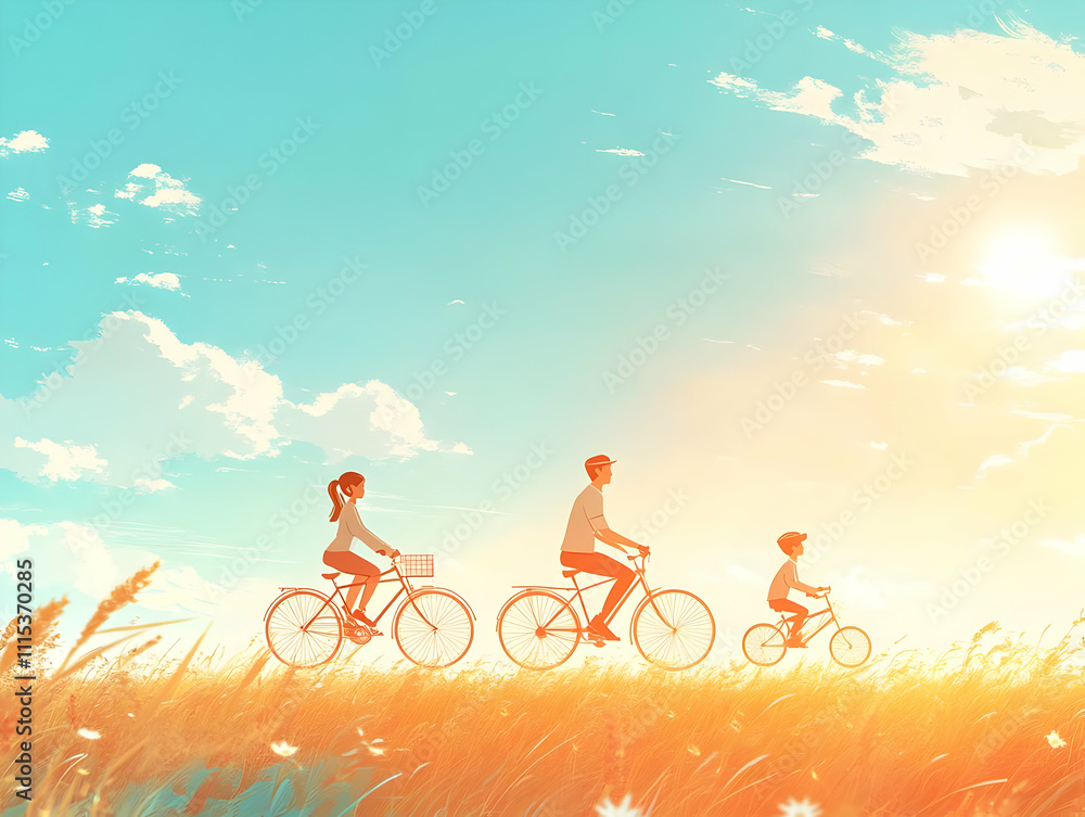 Fototapeta premium Family Bike Ride Vector Illustration Glossy Blue Sky Background Outdoor Activity