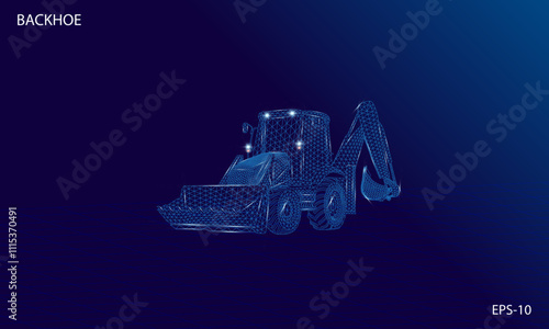 Backhoe loader futuristic wireframe design concept vector illustration of heavy construction equipment
