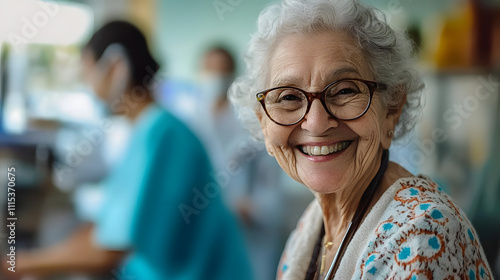 A cheerful elderly woman, wearing glasses, smiles brightly with a medical professional in the background, epitomizing health, happiness, and positive patient-care relationships.