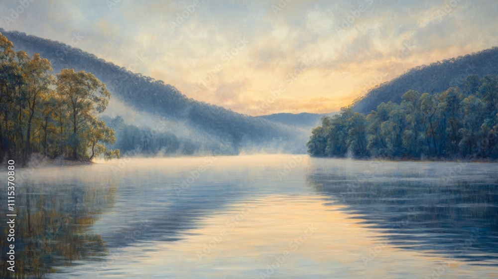Fototapeta premium Serene Foggy Morning on a Tranquil River Surrounded by Lush Trees