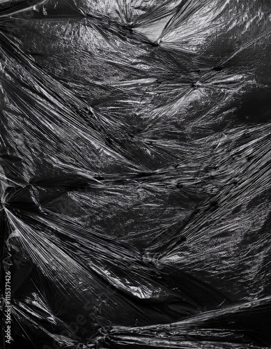 Close-up of a black crumpled plastic surface with circular bumps and dimples, glossy texture, abstract industrial feel, high contrast lighting, wrinkled and irregular pattern.