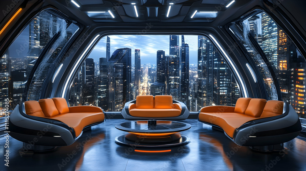 Fototapeta premium Modern Neon-Lit Living Room With City Skyline View at Night