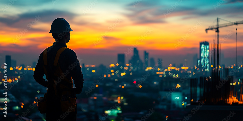 Fototapeta premium Silhouette of an Asian engineer working overtime at a construction site in Thailand, with the evening sky and city skyline in the background