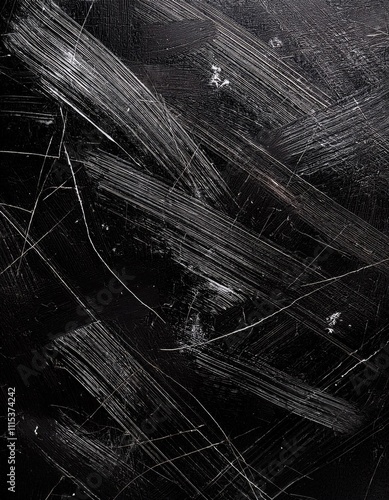 Close-up texture of a scratched black surface with curved abrasion lines and scuff marks, dark grunge background, rough and worn look, high detail, moody lighting.