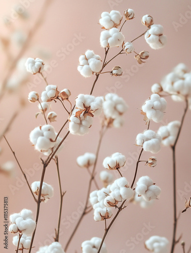 Beautiful cotton branches with soft white blooms set against a delicate pastel background