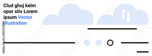 Blue clouds, black horizontal lines, three dots, and an arrowed icon illustrate data movement. Ideal for web design, data management, cloud computing, digital transformation, interface design