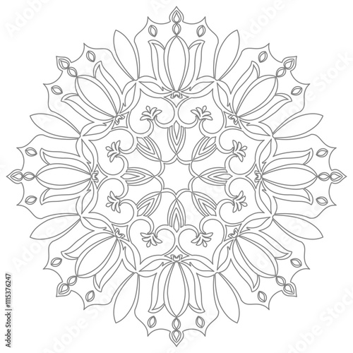 Contour mandala ornament for coloring and scrapbooking. Symmetrical pattern in Tantric yoga of Buddhism and Hinduism. A design element for the development of a color composition