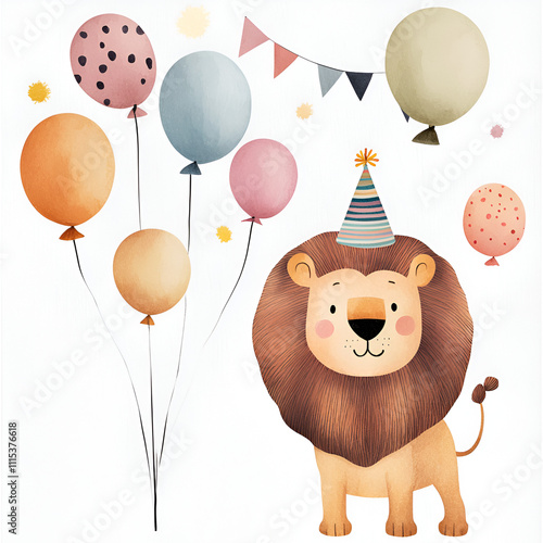 lion and birthday element. earth tone color, watercolor illustration, Perfect for nursery art, simple clipart, single object, white color background. photo