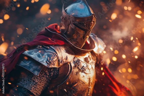 A bold knight stands amidst a fiery backdrop. The armor shines brilliantly, reflecting courage and valor. This image conveys the essence of bravery and adventure. Generative AI photo