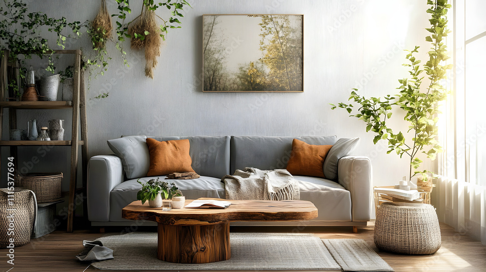 Fototapeta premium A bright living room with a grey sofa, rustic wooden coffee table, and cozy earthy tones, complemented by natural greenery and textured accents.