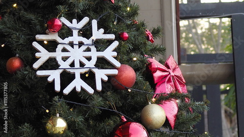 Christmas tree close-up background with sparkle.and glowing bokeh lights on a vibrant red background