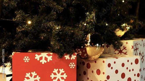 Christmas tree close-up background with sparkle.and glowing bokeh lights on a vibrant red background