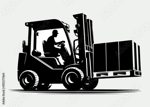 A forklift truck carries cargo on a pallet. Vector illustration of EPS 10.