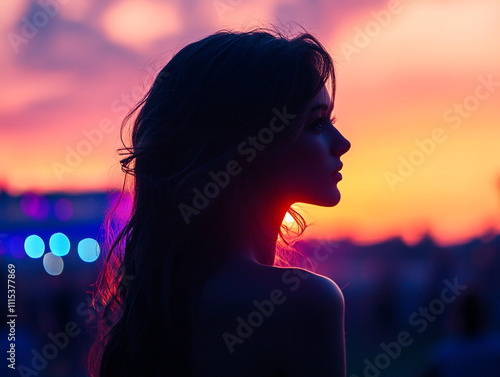 Wallpaper Mural Silhouette of a woman against a vibrant sunset during an outdoor festival Torontodigital.ca