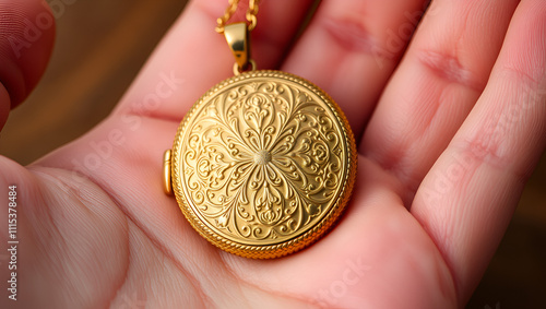 An antique gold locket with intricate filigree photo