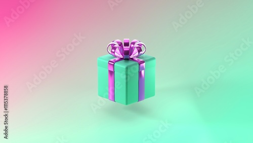 3d illustration of a green gift box with vibrant purple metallic ribbon on a soft pink and green gradient background..