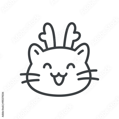 Kawaii cat icon. Hand drawn monochrome illustration of a funny cat with deer antlers isolated on a white background. Cute Christmas sticker. Vector 10 EPS.