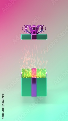 Vertical 3d rendering of an open green gift box with vibrant purple metallic ribbon releasing glowing sparks on a pink and green gradient background