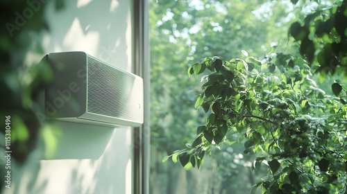 Modern Air Conditioner on Wall Overlooking Lush Green Garden photo