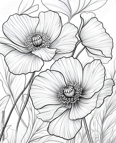 Coloring page of a drawing of flowers, the petals of which resemble large poppies with detailed center accents and bold black lines on a white background