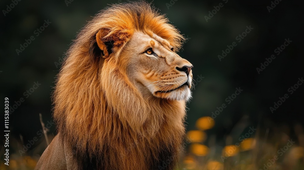 Fototapeta premium Majestic lion in profile showcasing its thick mane against a blurred natural background