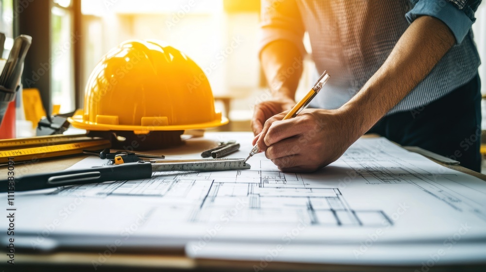 A person drafting architectural plans with a hard hat and tools on a table. A person drafting architectural plans with a hard hat and tools on a table.