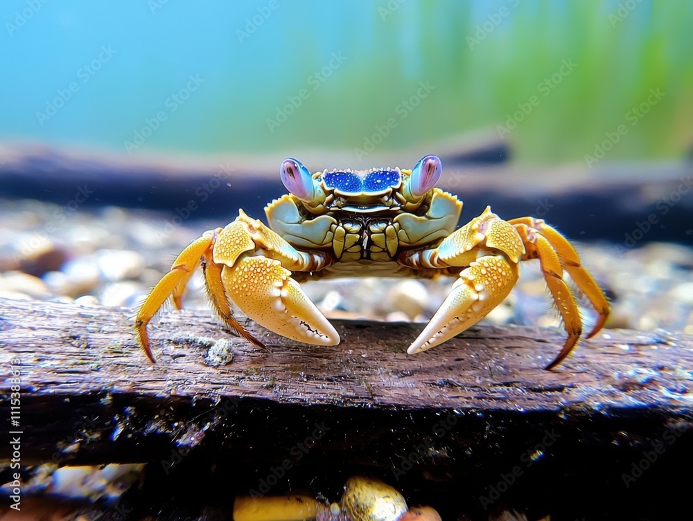 A vibrant crab with striking blue eyes and golden claws stands on a submerged log, surrounded by a serene underwater environment. A vibrant crab with striking blue eyes and golden claws stands on a submerged log, surrounded by a serene underwater environment.