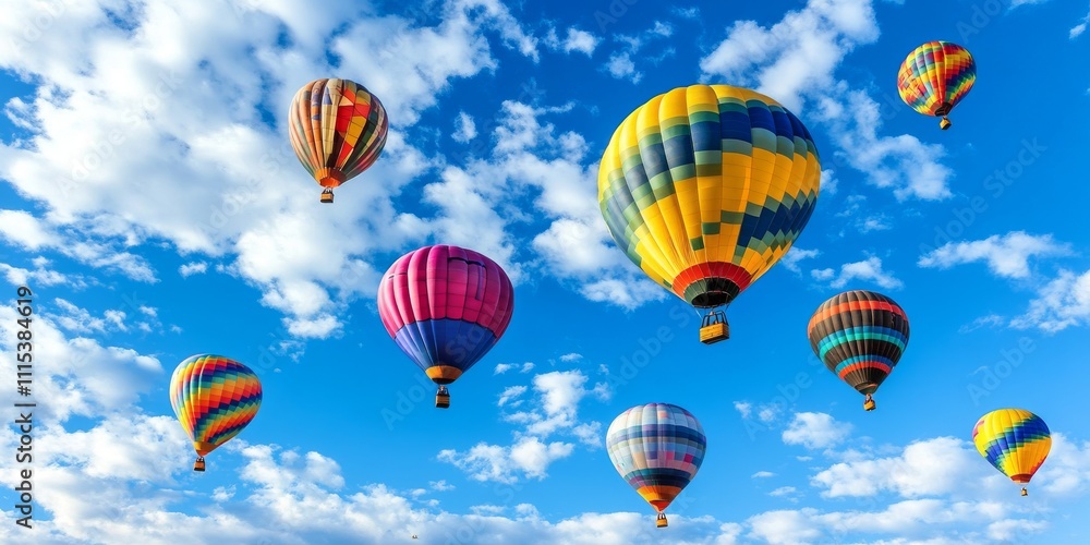 Obraz premium Vibrant hot air balloons fill the sky with color, creating a stunning display of hot air balloons against a breathtaking blue sky, perfect for capturing the essence of adventure.