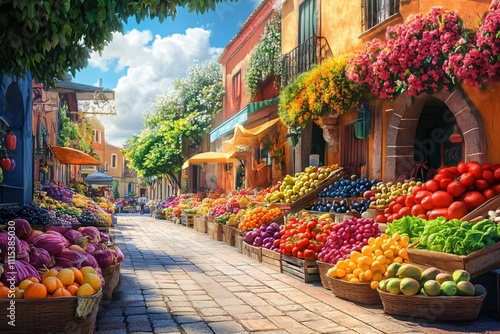 Vibrant Farmers Market with Colorful Fresh Fruits and Vegetables