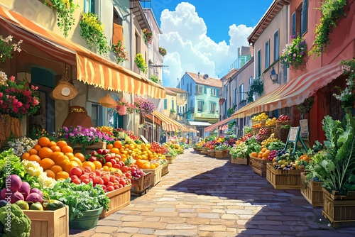 Colorful Market Street with Fresh Produce Under Bright Sky