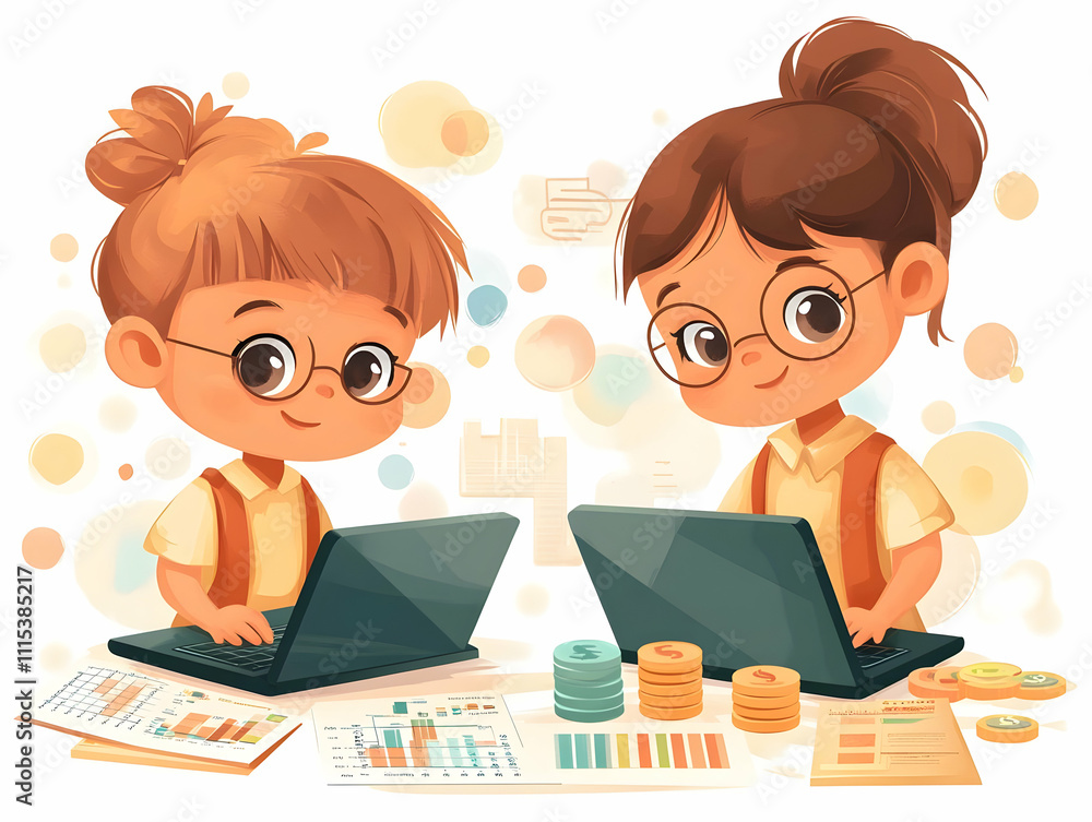 Flat Kids Cash Flow Management Concept with Laptops and Financial Charts Illustration Flat Kids Cash Flow Management Concept with Laptops and Financial Charts Illustration