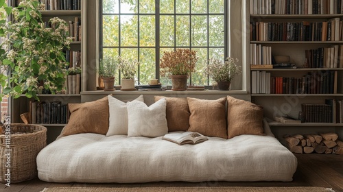 Cozy Floor Seating Near Bookshelves And Window