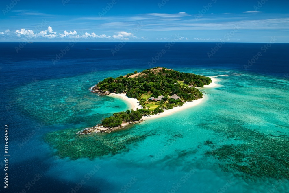 Aerial View of Tropical Island Surrounded by Crystal Clear Waters Aerial View of Tropical Island Surrounded by Crystal Clear Waters